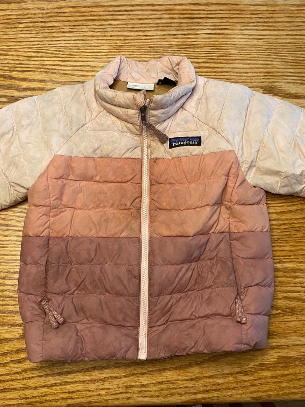 Patagonia Kids Hooded Colorblock Puffer Jacket in Dusty Rose and Blush